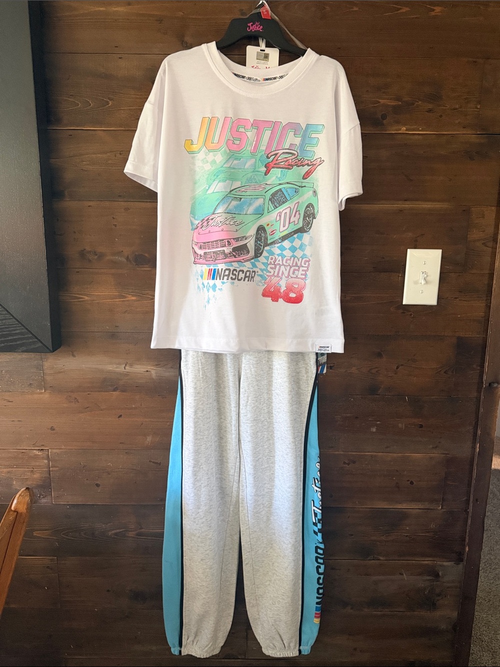 Justice NASCAR Gray & Blue Colorblock Joggers and matching shirt